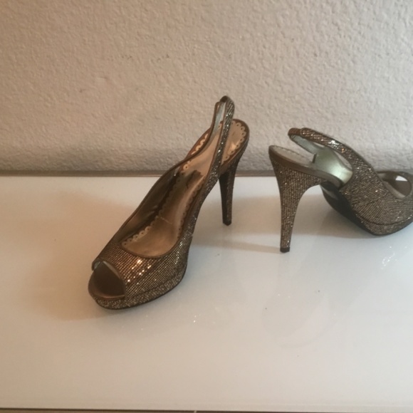 Lulu Townsend  bronze glitter sling back peep toe platform shoes 😍 - Picture 3 of 16